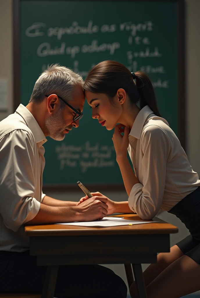 A 40 year old student with short gray hair and tall and strong handsome in the classroom sitting at his desk looking up at her. The teacher with Spanish features, wearing a shirt, skirt and glasses, with a ruler in her hand, is leaning on the student&#39;s desk and looking down at him to give him a lesson. ,, sexy tone and animation