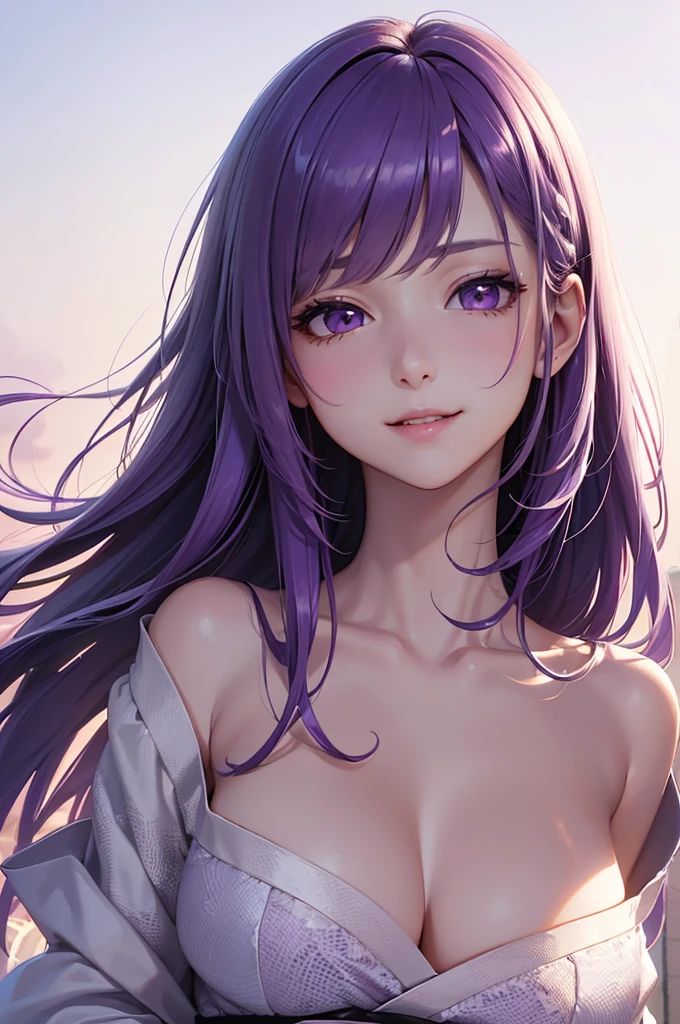 Best Quality,High resolution,8k,(plain white background, no patterns, no textures, just a plain white background:1.3),Masterpiece:1.2),beautiful girl,Big Breasts,(Shiny purple hair:1.3),(bob cut:1.2),Beautiful purple eyes,kimono,Japanese Rock,Japanese Gothic,Absolute area,Gentle look,A refreshing look,smile,Best quality,Best Quality,Aesthetic and aesthetic:1.2,Best details((Super detailed))(High-definition CG illustrations),Slender body,smile,blush,cute,Scrounge,Looking up,Being spoiled,wariza