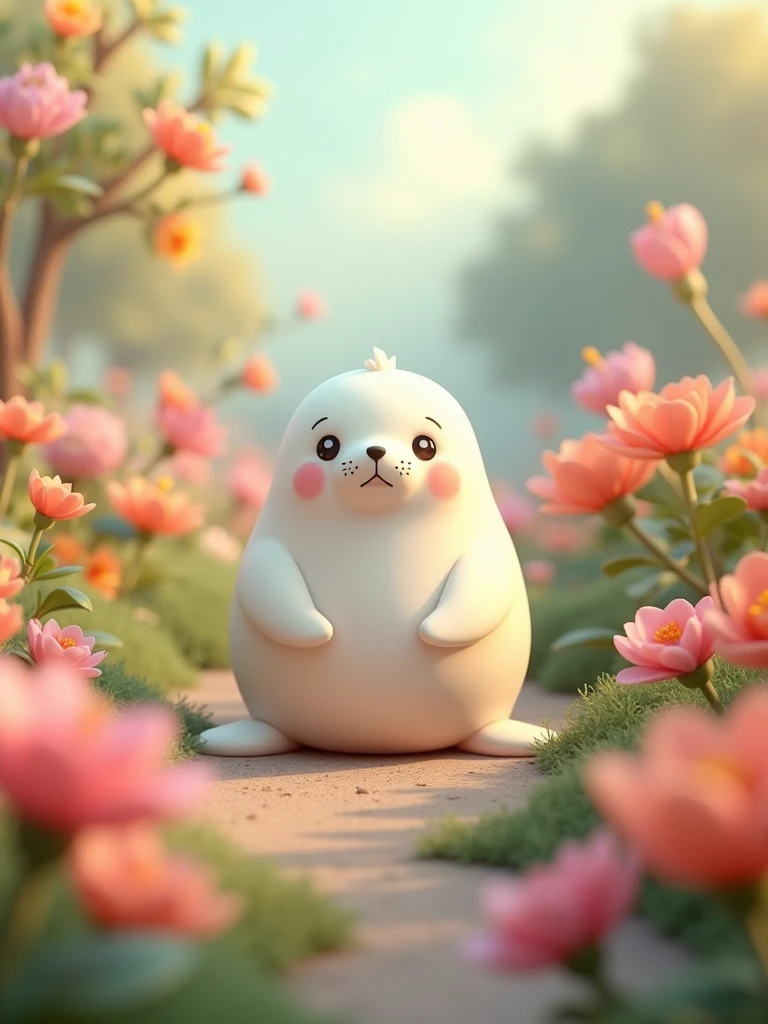 Deformed 3D animals, Baby seals,　Little white seal,　round, At the center, Flower Garden,　Soft Light,　Soft Effects, very cute,　