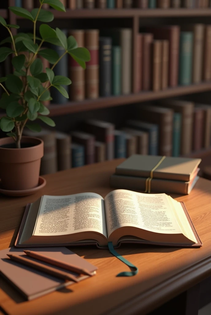 Open bible on table with pencils and notebook in a library, semi-aerial view