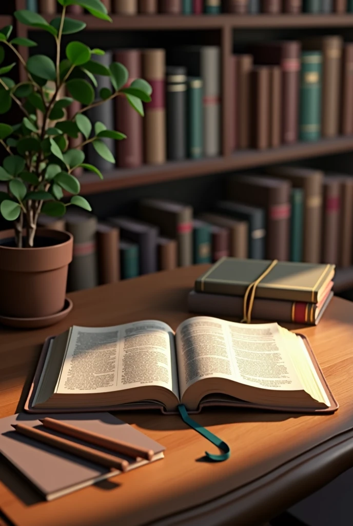 Open bible on table with pencils and notebook in a library, semi-aerial view