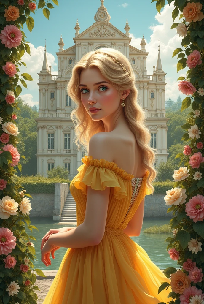 Create for me the image of the cover of my book the title (Anne's Fate) write the name in Portuguese and put my author name Kelly Ramos put a palace in the background, flowers and a young woman with an angelic face, a very realistic image of blond hair and green eyes wearing a yellow dress from the 1910s