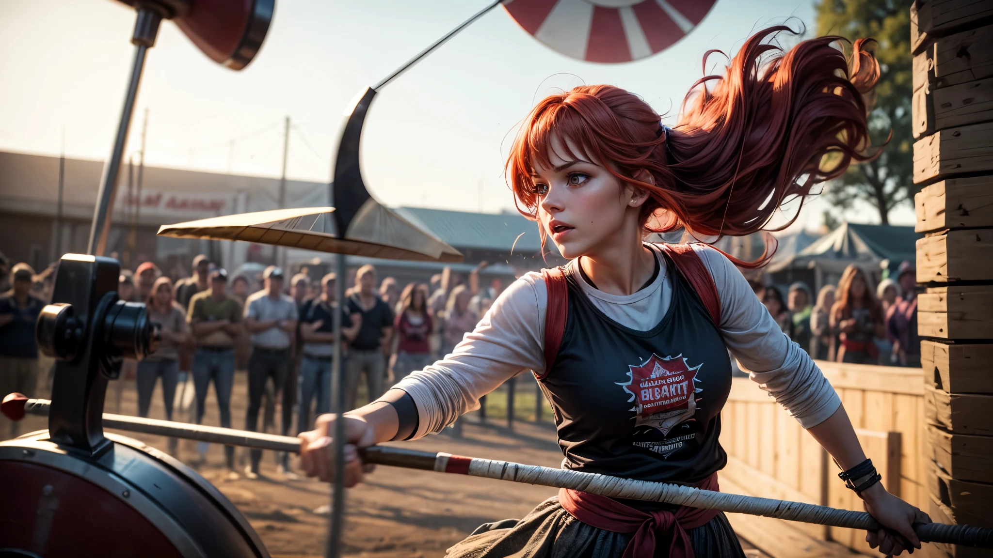 a girl with red hair throwing an axe at a man on a giant spinning wheel. The man looks nervous. Carnival axe throwing.