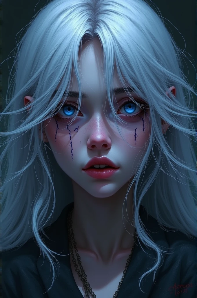 Human female with purple gray skin color blue eyes and white blue hair traumatized and slightly emo with her hair obscuring half of her face dungeons and dragons rpg style