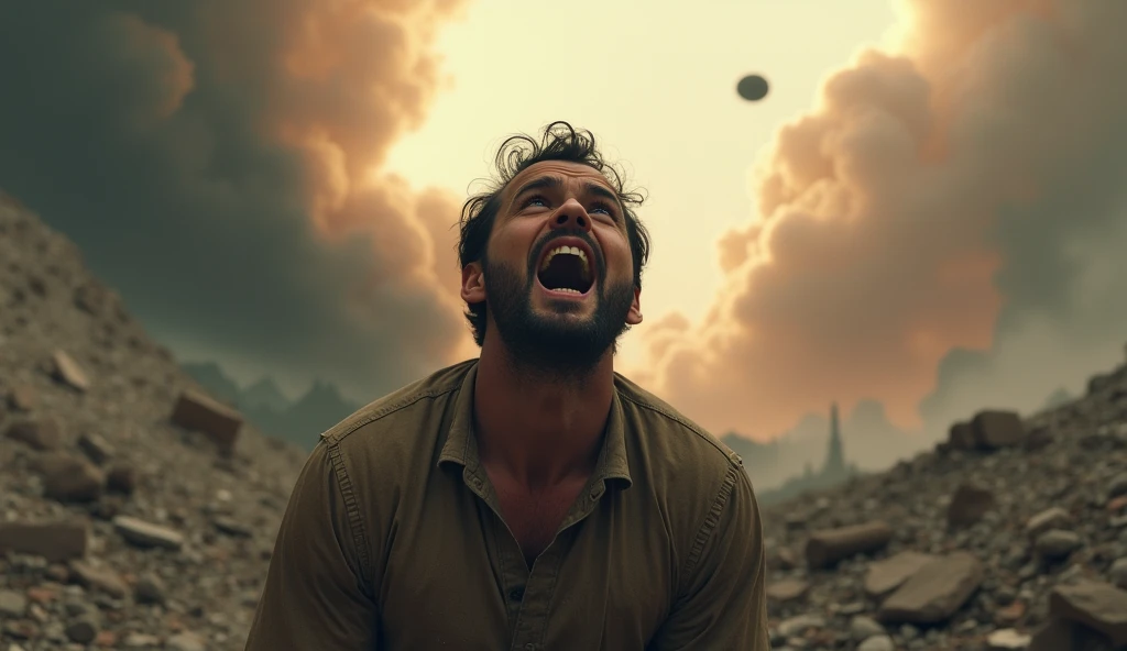 A asteroid hit the earth and left side of photo a man shoking reaction 