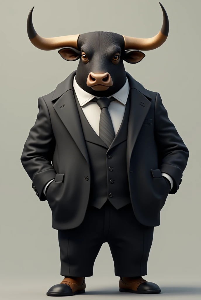 Brahman bull dressed in a black suit with a grey striped tie standing