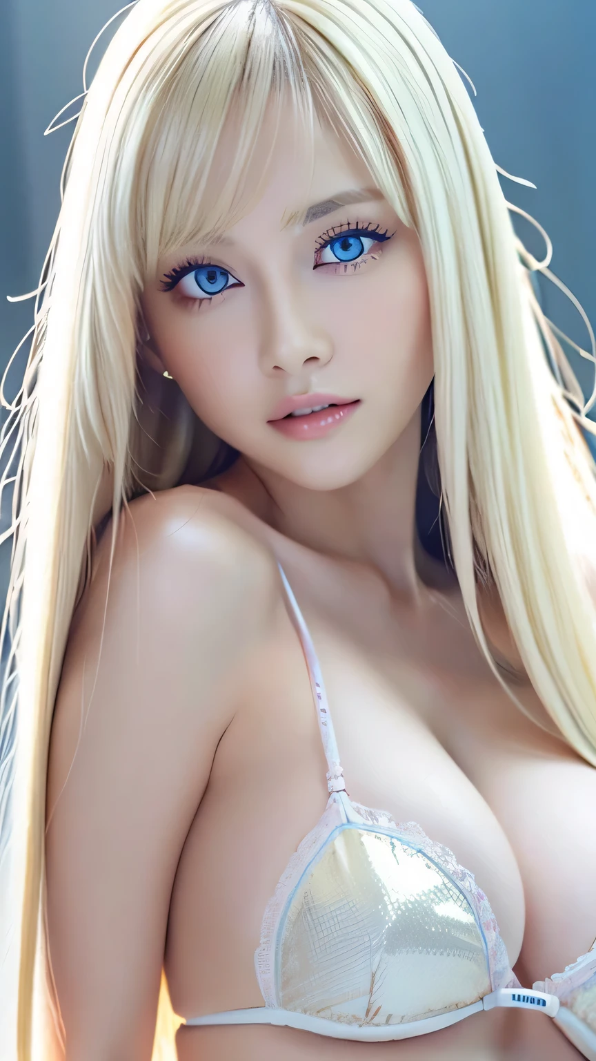 Unparalleled beauty, Shiny, firm, glowing skin, Bangs ween the eyes, Beautiful luster, Straight platinum blonde, Super long straight silky hair, eyeliner, sexlyで美しい無邪気な20歳, High resolution, Very bright and beautiful big glowing light blue eyes、Very big eyes、Beautiful and adorable, ((Huge ))、((erotic、sexly、超High resolution、The lighting is bright、Precise needles without discomfort))、