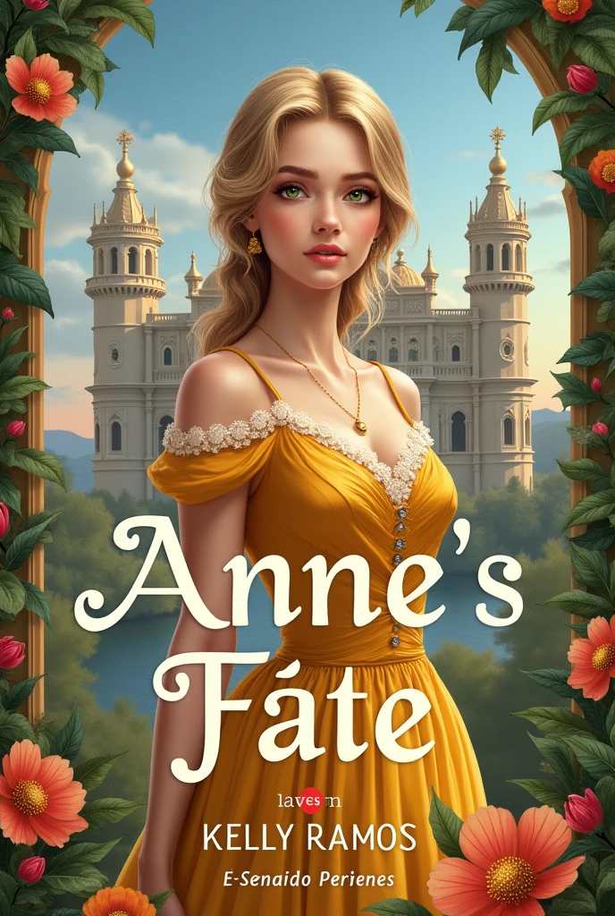 Create for me the image of the cover of my book the title  (Anne&#39;s Fate) write the name in Portuguese and put my author name Kelly Ramos put a palace in the background, flowers and a young woman with an angelic face, a very realistic image of blond hair and green eyes wearing a yellow dress from the 1910s