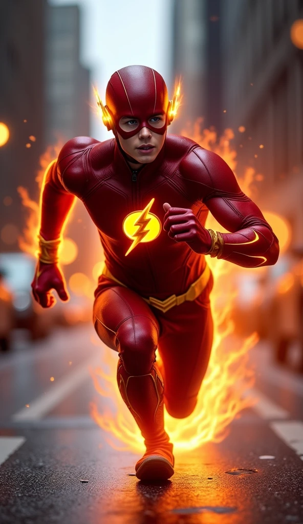 a close up of a flash running through the street with a city in the background, the flash, flash image, textless, flash photography 4 k hdr, steve harvey as the flash, flash lighting, flashes, speedster, flashy flash elegant, flash enabled, amazing wallpaper, wojtek fus, flash explosions, flash, emma watson as the flash, flash photograph