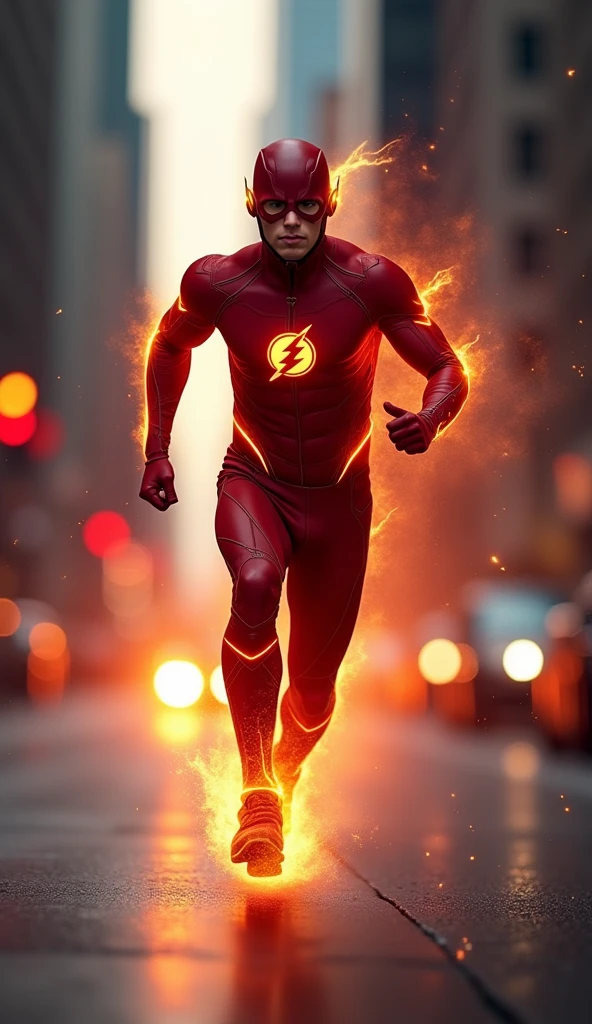 a close up of a flash running through the street with a city in the background, the flash, flash image, textless, flash photography 4 k hdr, steve harvey as the flash, flash lighting, flashes, speedster, flashy flash elegant, flash enabled, amazing wallpaper, wojtek fus, flash explosions, flash, emma watson as the flash, flash photograph