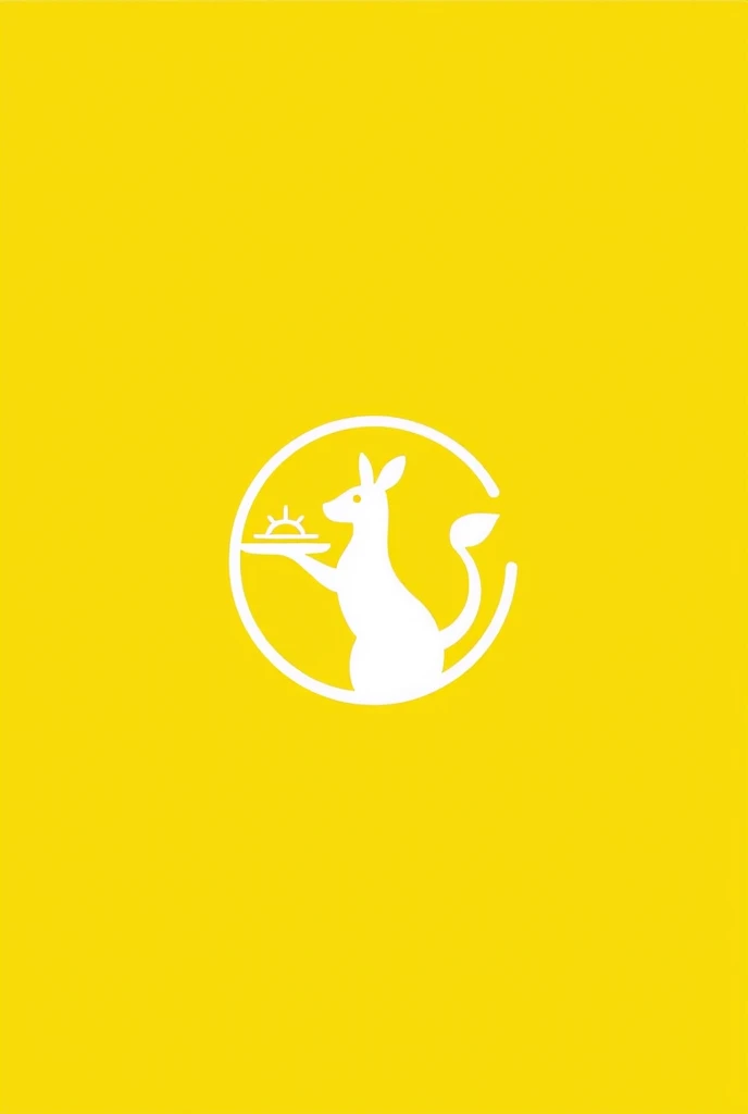 Un logo rond basic blanc sur fond jaune d'un kangourou qui tient dans sa main droite un plateau au dessus de ce plateau, there is a sunset. Dans son autre main, he holds the service bell open to the sunset.