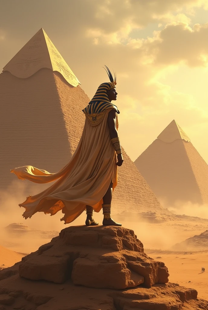 Pharaoh on the top of pyramids of gizza . On the summit. Looking at sky