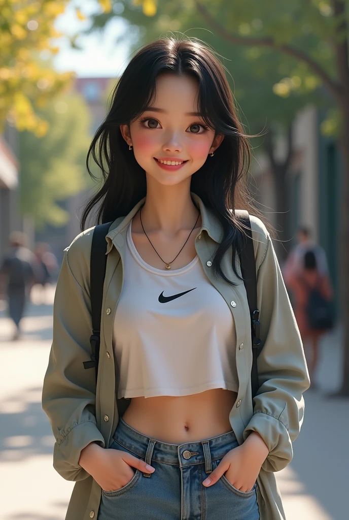 young college student with dark hair and white skin, friendly and dressed in a casual Nike brand