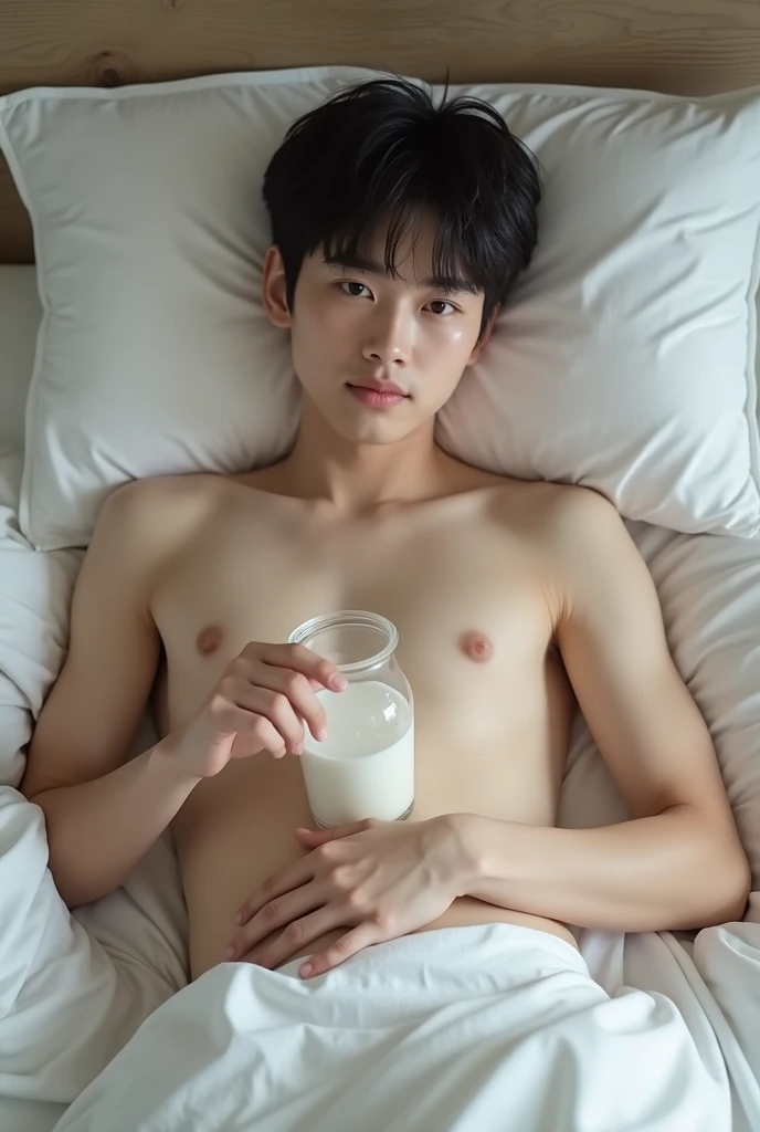  cute korean boy in tight underwear lying in bed with a lot of milk on him beautiful face, very skinny, touching his bulge, showing his butt
