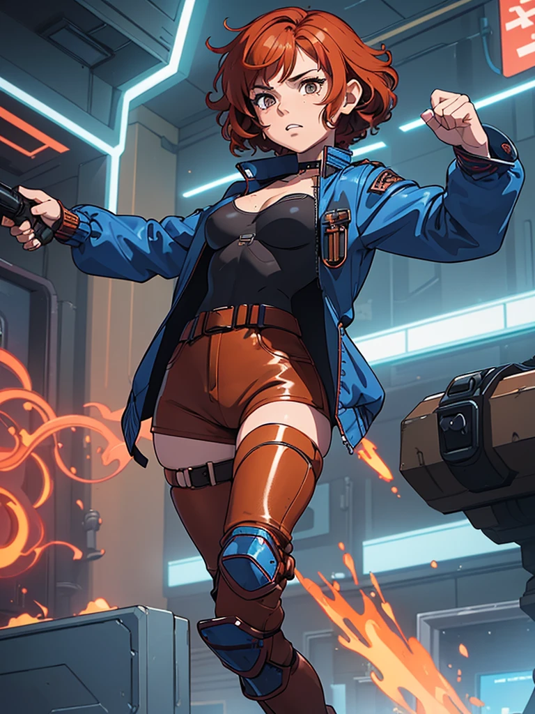 (masterpiece), (best quality), (1girl), (adult), (copper red hair), (curly hair), (short hair),  body figure, (small breasts) , (brown eyes), freckles, (blue cyberpunk outfit), (blue jacket),( blue battle outfit),(badass outfit),black shirt, boots, black choker, legs, (white knee guards) 