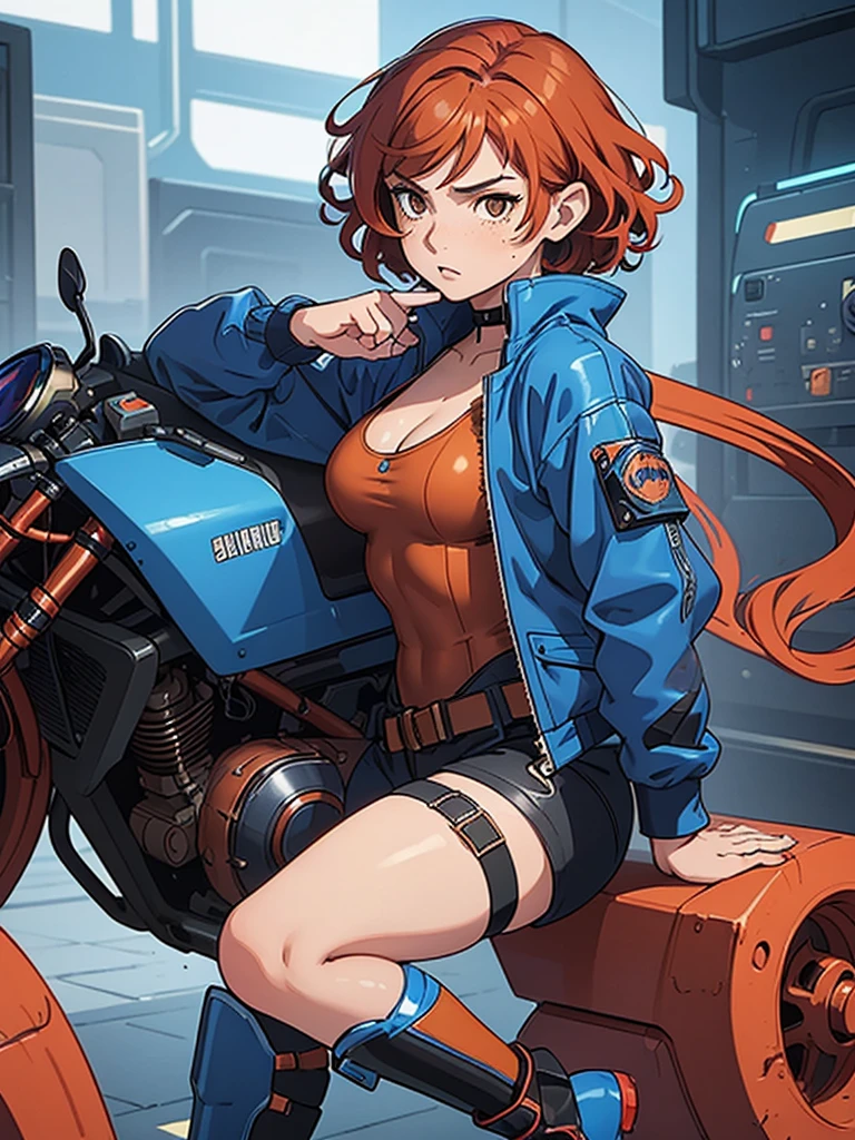 (masterpiece), (best quality), (1girl), (adult), (copper red hair), (curly hair), (short hair),  body figure, (small breasts) , (brown eyes), freckles, (blue cyberpunk outfit), (blue jacket),( blue battle outfit),(badass outfit),black shirt, boots, black choker, legs, (white knee guards) 