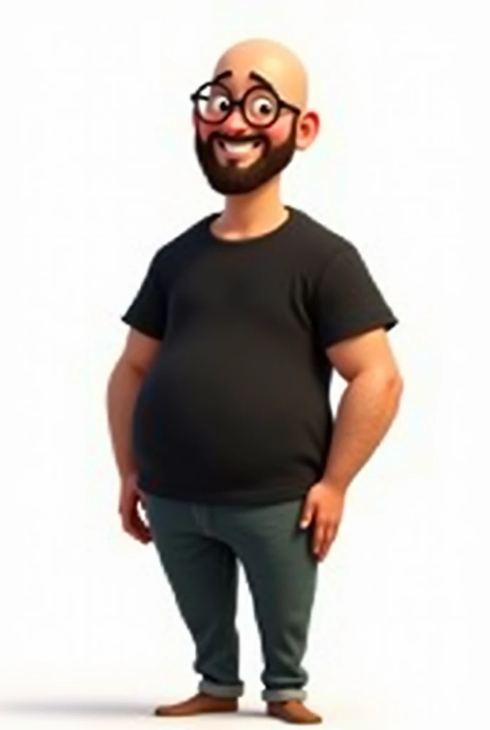 create a disney and pixar style drawing of a tall bald character, with medium beard, and in a black t-shirt and pants, wearing prescription glasses, com fundo branco, Grinning, with a thin nose, thin eyebrow, small eyes
