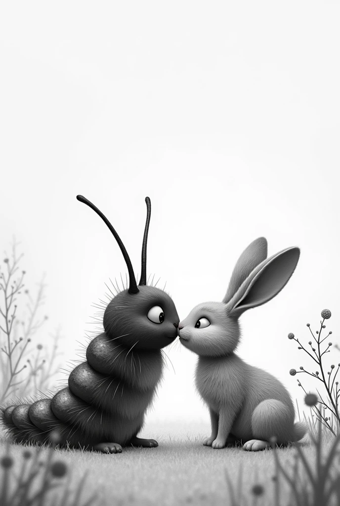 Caterpillar and rabbit giving each other a black and white kiss 
