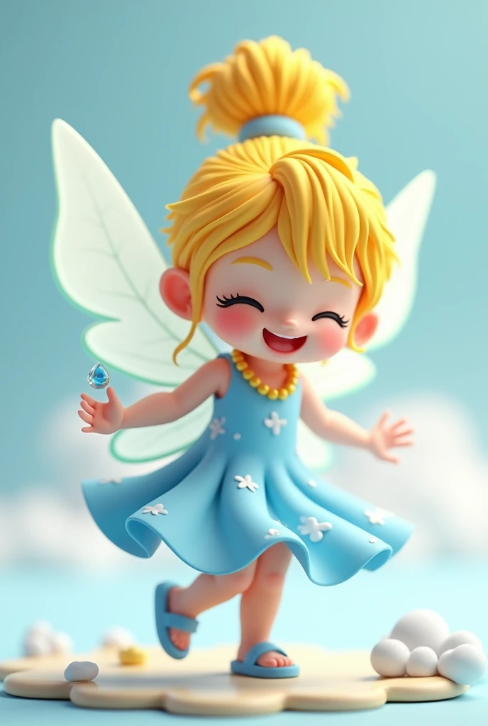  C4D model, a chibi-style fairy, with bright yellow hair styled in a high ponytail, wearing a sky blue dress with cloud patterns, and translucent silver wings. She holds a tiny raindrop-shaped charm, and her shoes are light blue sandals, reflecting her energetic and joyful nature.