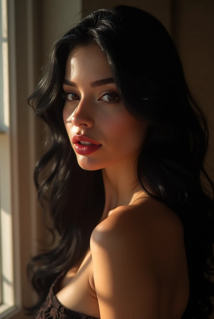 20 years old beautiful girl black hair breast size C cup hip ratio0.69 high resolution,Play with light and shadows in a dimly lit room, focusing on your eyes and lips, as you glance over your shoulder with a look that teases and entices.masterpiece, Best Quality, intricate details, Very detailed, Sharp focus, detailed skin, realist skin texture, texture, detailed eyes, professional, 4k, charming smile, shot with cannon, depth of field, Kodak Color Vision, perfectly fitted body, extremely detailed, Photo_\( ultra\), Photorealist, realist, post processing, Maximum details, roughness, real life, ultrarealist, Photorealism, Photography, 8k hd, Photography