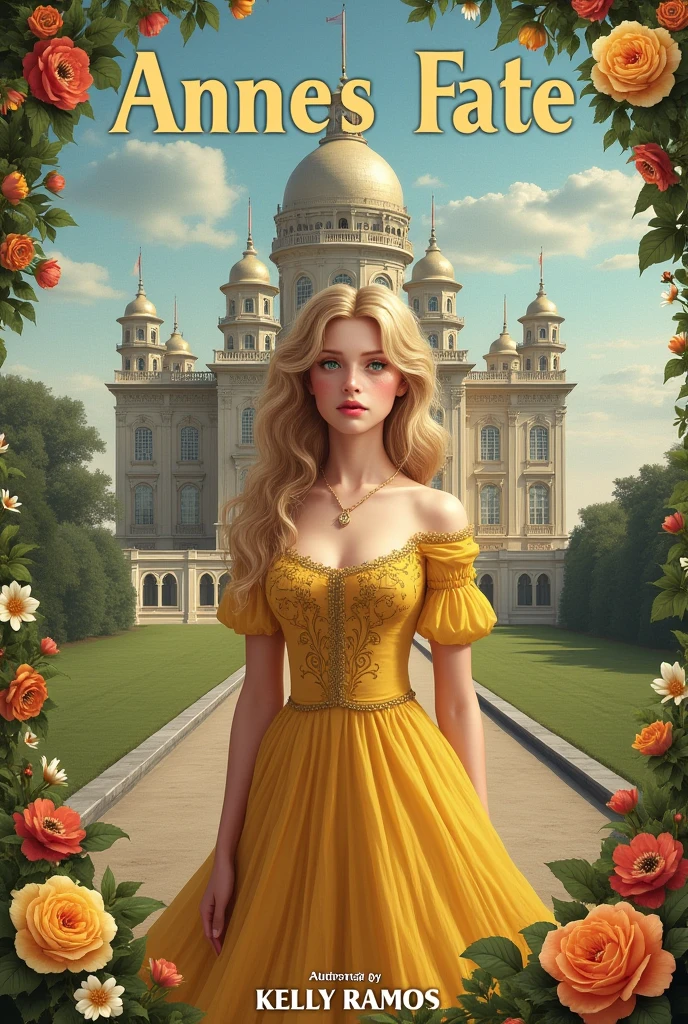 Create for me the image of the cover of my book the title  (Anne&#39;s Fate) write the name in Portuguese and put my author name Kelly Ramos put a palace in the background, flowers and a young woman with an angelic face, a very realistic image of blond hair and green eyes wearing a yellow dress from the 1910s