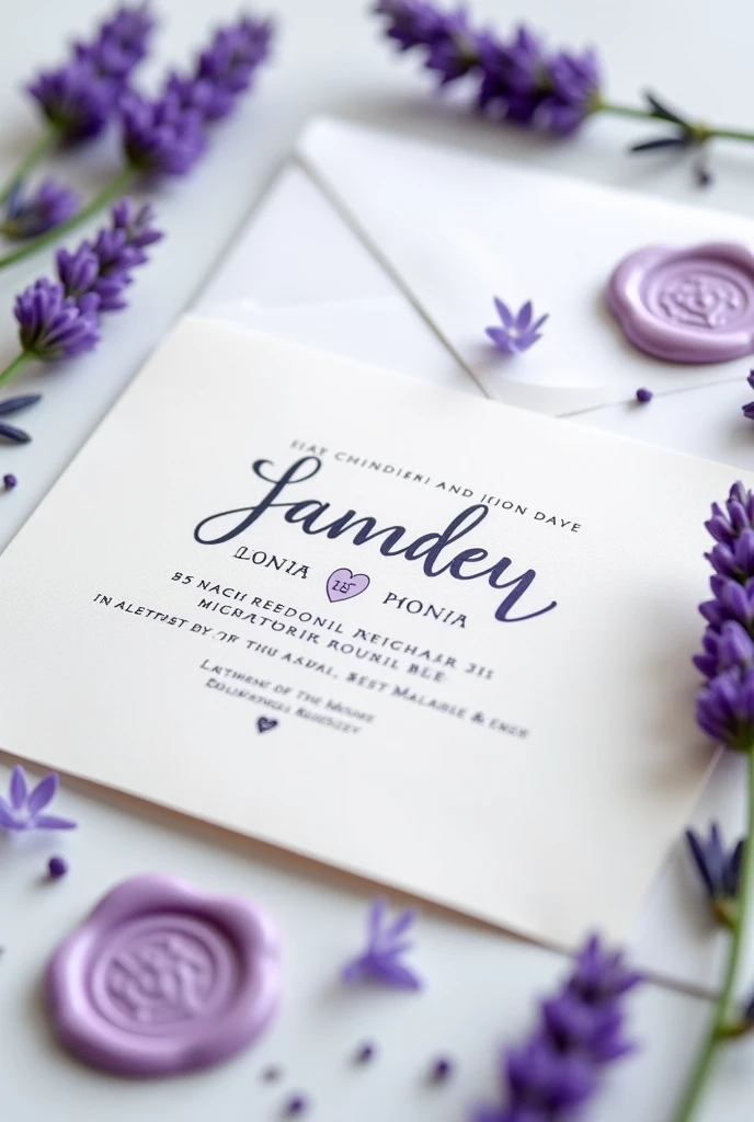Horizontal wedding invitation with white envelope and lilac wax seal and lavender flower
