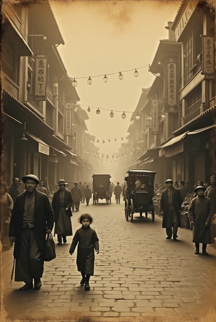 Archive photographique effet sépia usé abîmé. photo prise sur le vif. Scène de vie année 1900. Valeur historique. Longue vue de loin sur la célèbre rue de Nankin à Shanghai. Rue marchande avec pleins de villageois costume d'époque en train de se promener et faire des courses avec leurs enfants et bébés. Pancartes avec inscriptions chinoises sur les devantures de magasin. Deux carrosses avec chevaux en arrière plan en train de marcher. Couleurs ternes sépia. Pellicule photo sépia. Sombre nuit. Lanternes allumé.