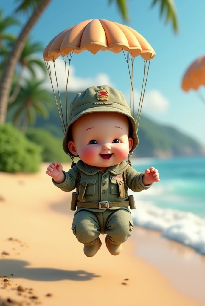 Cute smiling newborn wearing paratrooper uniform and military hat parachuting into a drop site at a real life beach