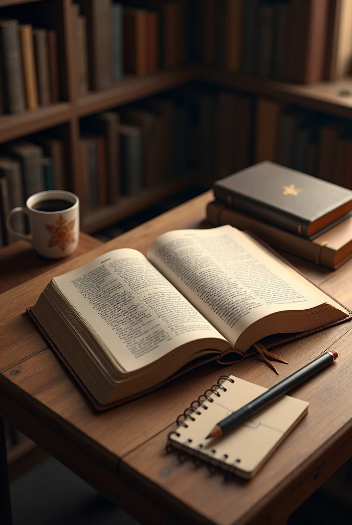 Open bible on table with charcoal pencil and notebook in a library, semi-aerial view, Realistic style