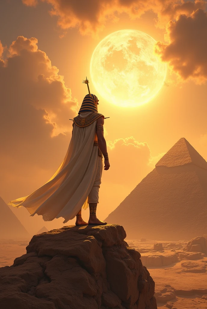 Pharaoh on the top of pyramids of gizza . On the summit. Looking at sky. Looking at the sky