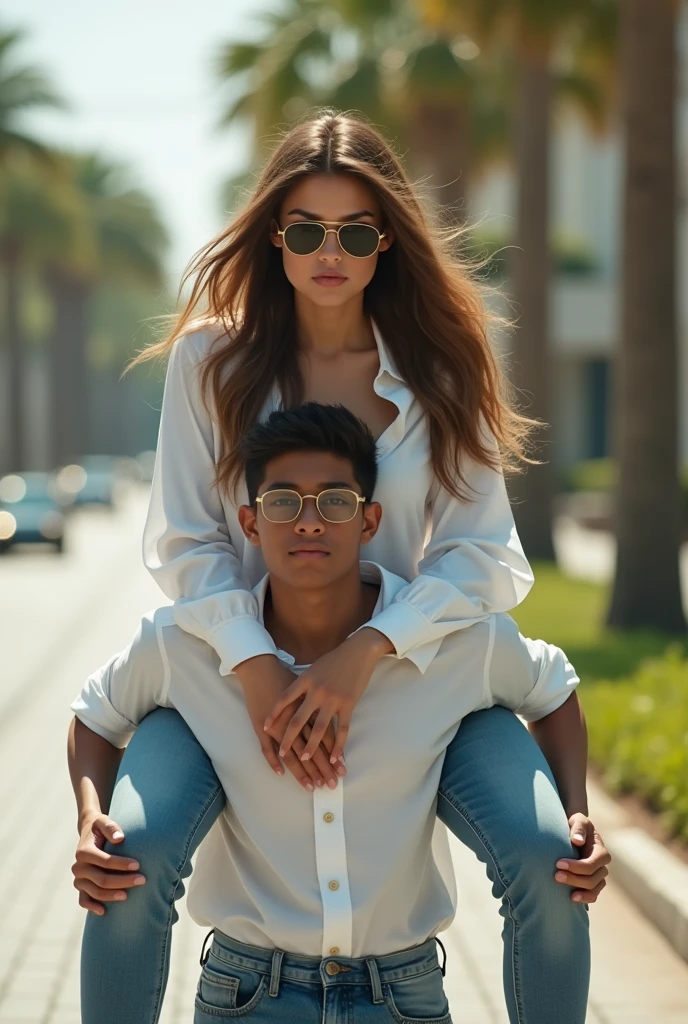 Create a photo of a 20 year old young woman, with a slender and beautiful body, wearing jeans and an open white shirt, with white and clear skin, with long brown hair and wearing sunglasses being carried on the shoulders of a age boy ,Scrawny, homely, short man who has dark black skin and is wearing a white shirt and jeans and glasses