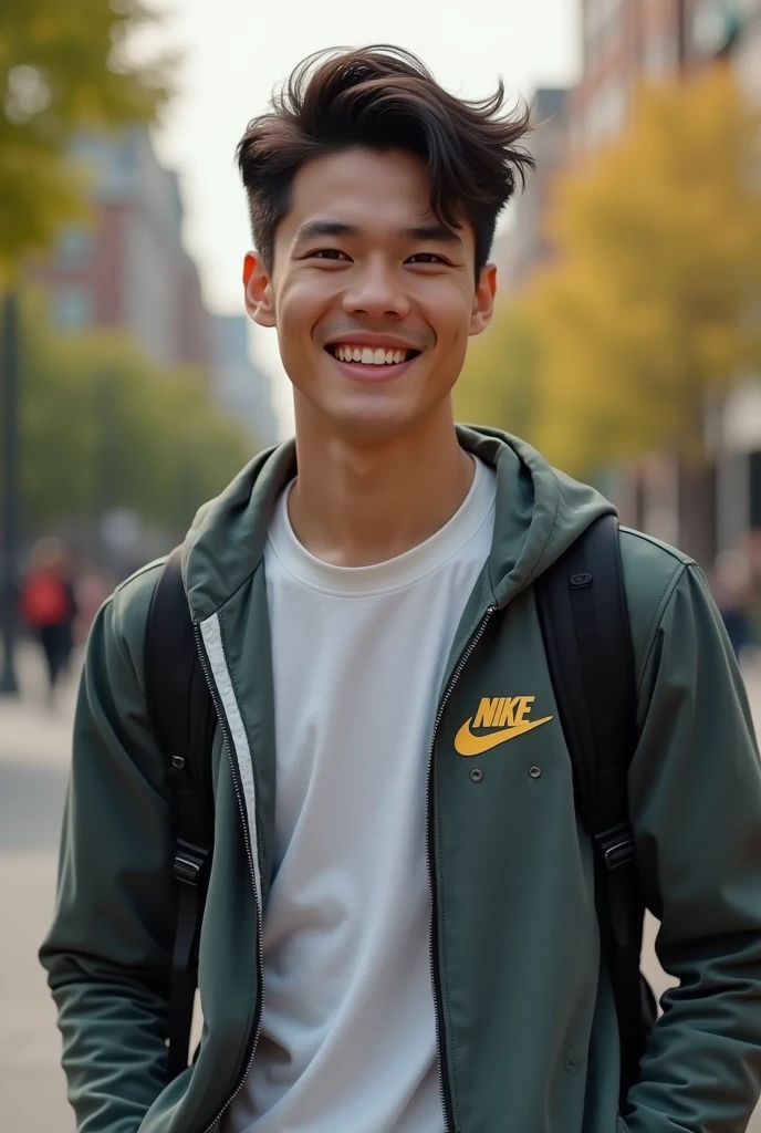 young college man with dark hair and white skin, friendly and dressed in a casual Nike brand