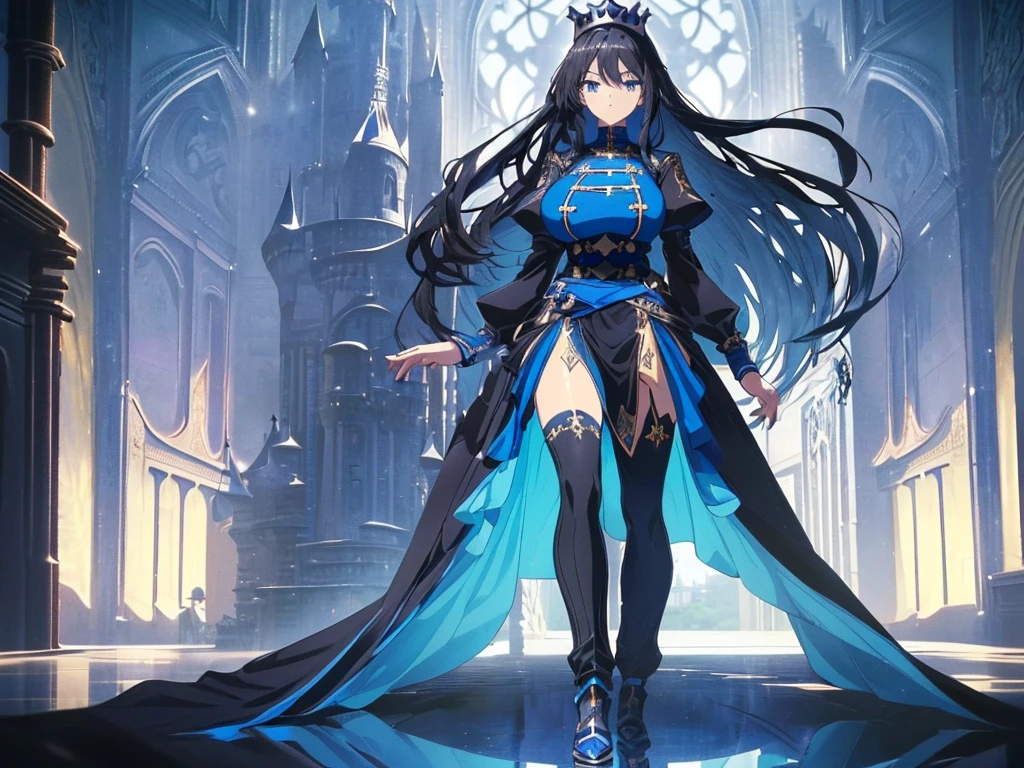 best quality, extremely detailed,anime style 1girl,long hair down to the waist, straight hair, ((((dark black hair with bluish)))),crown braid,beautiful detailed eyes, pinched eyes, (((dark blue eyes))),((huge breasts)),curvy,((((black and blue cool king clothing)))),Fine decoration,clothing with complex patterns,((((castle room)))),((Detailed background)),((Comfortable posture)),((standing figure))