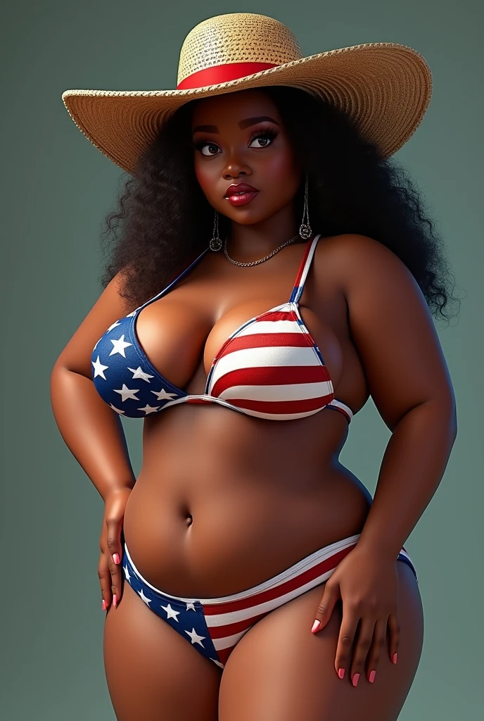 ((large breasts)), bored facial expression, ((american flag bikini)), (rich hat), (black skin)