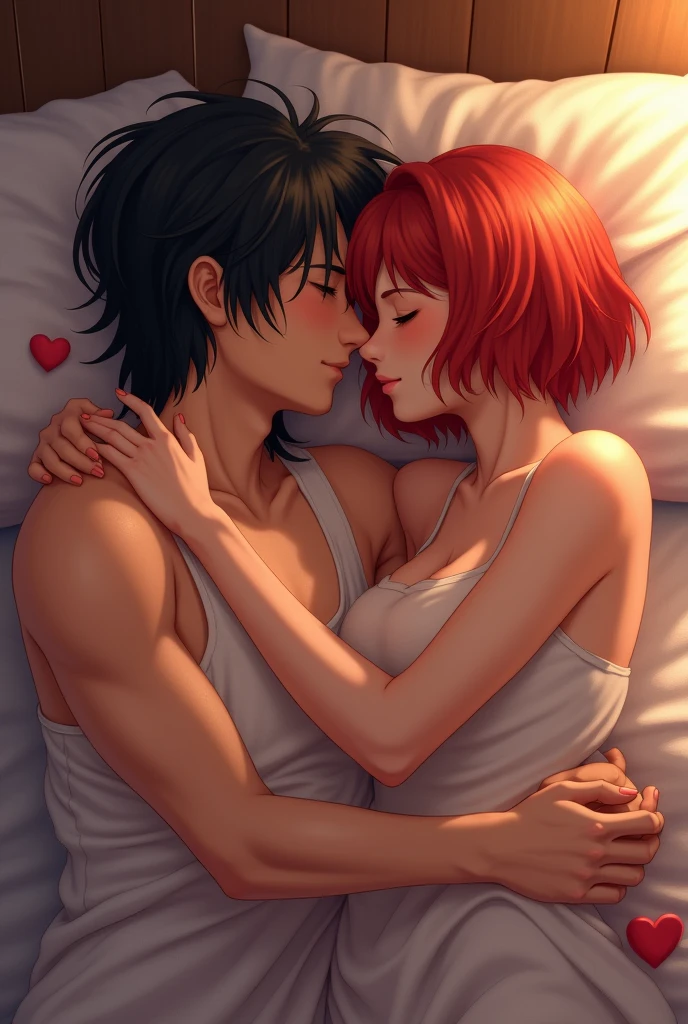 A girl white with haircut short, red hair, in the bed with a boyfrined, a boy swarm, haircut long, black hair