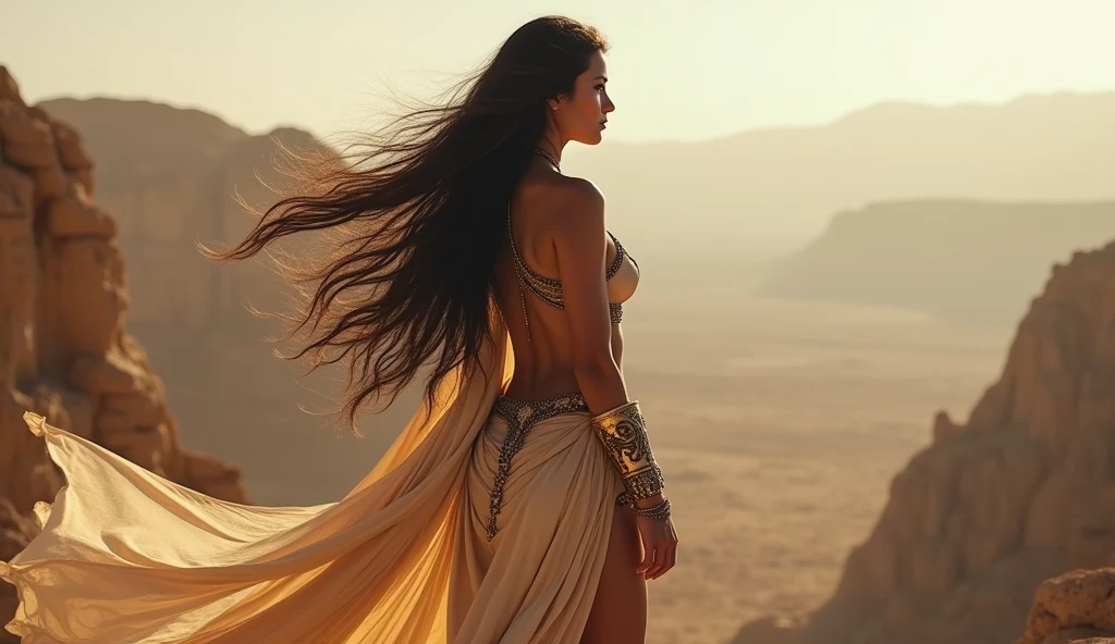 A beautiful Persian warrior woman, full hd, best quality, 1 girl, solo, , beautiful, shapely, big hips, big breasts, innocent, Pure, delicate, Proportional body, perfect body figure, cold face, long hair flying in the wind , Photos with depth, wind, (masterpiece), full hd, best quality, from the back, observing the landscape, perfect face, 1 girl, solo, Portrait of an ancient Persian warrior.