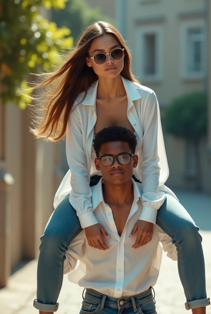 Create a photo of a 20 year old young woman, with a slender and beautiful body, wearing jeans and an open white shirt, with white and clear skin, with long brown hair and wearing sunglasses being carried on the shoulders of a age boy ,Scrawny, homely, short man who has dark black skin and is wearing a white shirt and jeans and glasses