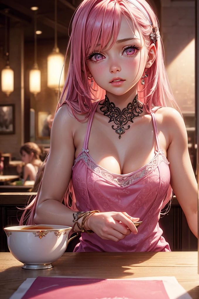 raw photo, medieval setting, aristocratic buffet, different food on the table, cakes and fruits, long hair, pink hair, middle school girl, 18 years old, open dress, topless:2, small nice tits, 16k, photorealistic,old castle, light coming from a window, late afternoon, dusty air, , photorealistic, real photo, detailed, 16k