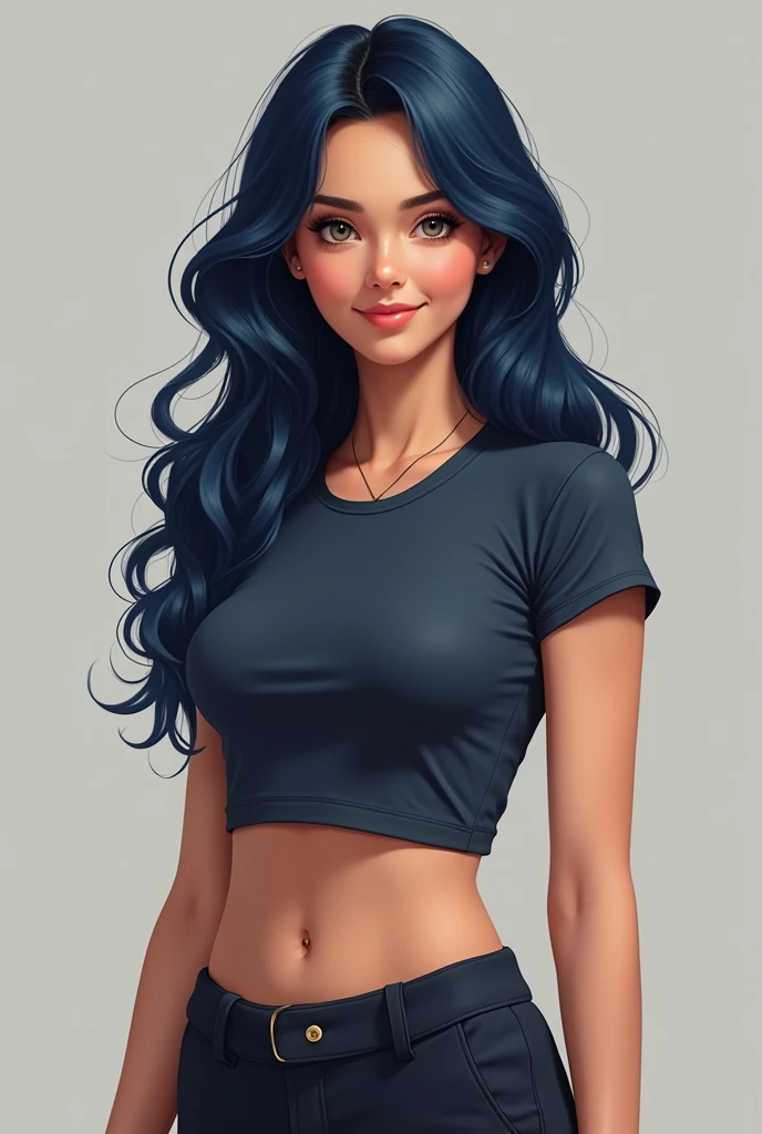 20 year old woman French nationality More realistic style White skin Athletic Long wavy hair Dark blue hair Quality smile Small lips Small and tender face Dressed in a tight and cropped T-shirt, Trousers up to the navel with one leg long and layered and the other cropped like Shorter and tight