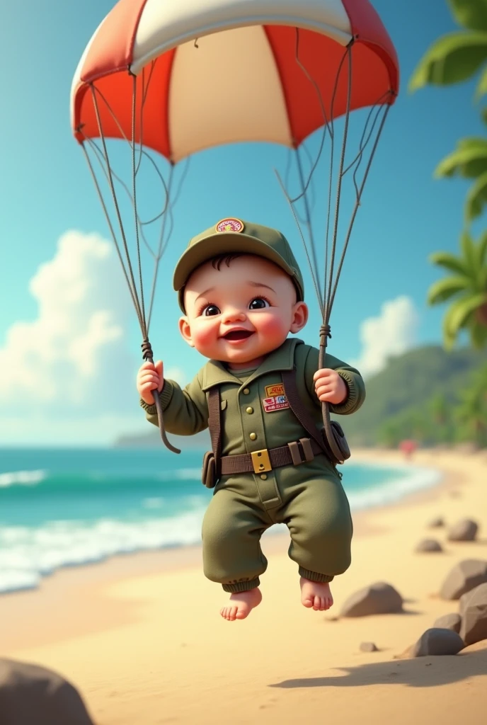 Cute smiling newborn wearing paratrooper uniform and military hat parachuting into a drop site at a real life beach