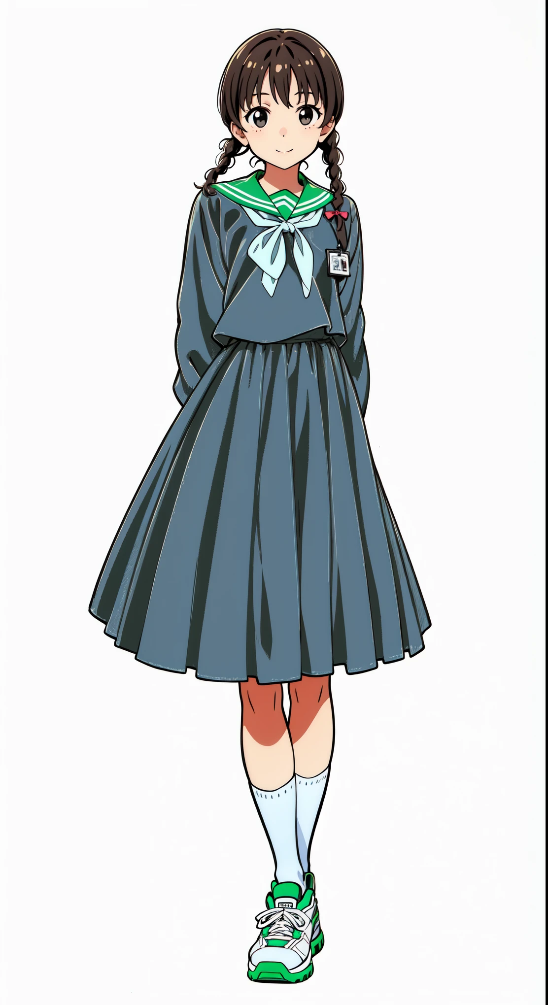 (white background:1.0), (best quality:1.0), (masterpiece:1.0), (super fine illustration:1.0), (beautiful artwork:1.0), (anime screencap:1.0), (official art:1.0), (full body:1.0), (solo:1.0), (a 14yo cute girl:1.0), (long skirt:1.0), (dark blue skirt:1.0), (pleated skirt:1.0), (dark blue sailor uniform:1.0), (long sleeve sailor uniform:1.0), (name tag:1.0), (sneakers:1.0), (white socks:1.0), (ideal ratio body proportions:1.0), (lanky:1.0), (tall:1.0), (slender:1.0), (small breasts:1.0), (smaller face:1.0), (tareme:1.0), (smile:1.0), (cheerful:1.0), (detailed beautiful eyes:1.0), (detailed beautiful face:1.0), (glowing black eyes:1.0), (short hair:1.0), (swept bangs:1.0), (twin braids:1.0), (black hair:1.0), (standing:1.0), (looking at viewer:1.0)
