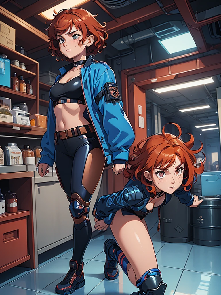 (masterpiece), (best quality), 1 girl, red hair,((brown eyes)),curly hair, (short curly hair) , brown eyes, anime style, freckles, (mall breast, (petite figure), (blue outfit),(cyberpunk clothes)),legs, desert background, (yellow glasses)