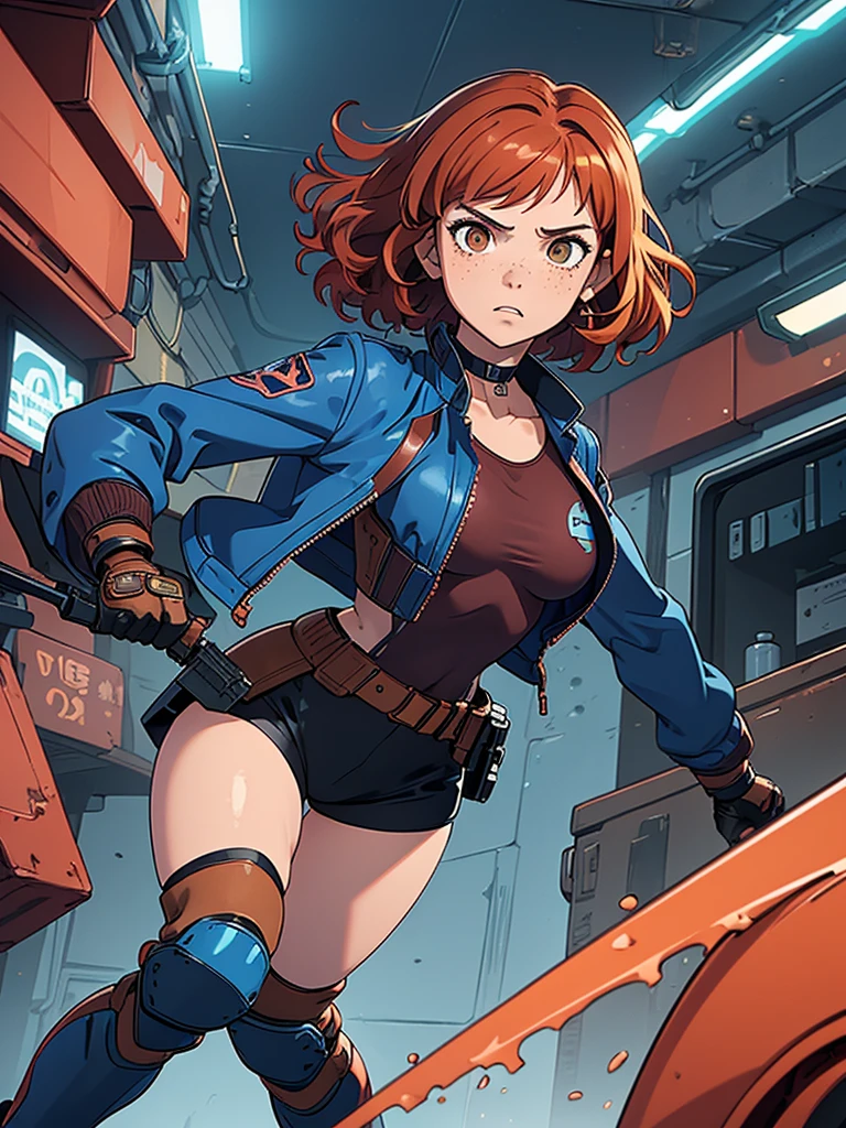 (masterpiece), (best quality), (1girl), (adult), (copper red hair), (curly hair), (short hair), body figure, (small breasts) , (brown eyes), freckles, (blue cyberpunk outfit), (blue jacket),( blue battle outfit),(badass outfit),black shirt, boots, black choker, legs, (white knee guards), holding a gun, holding a knife