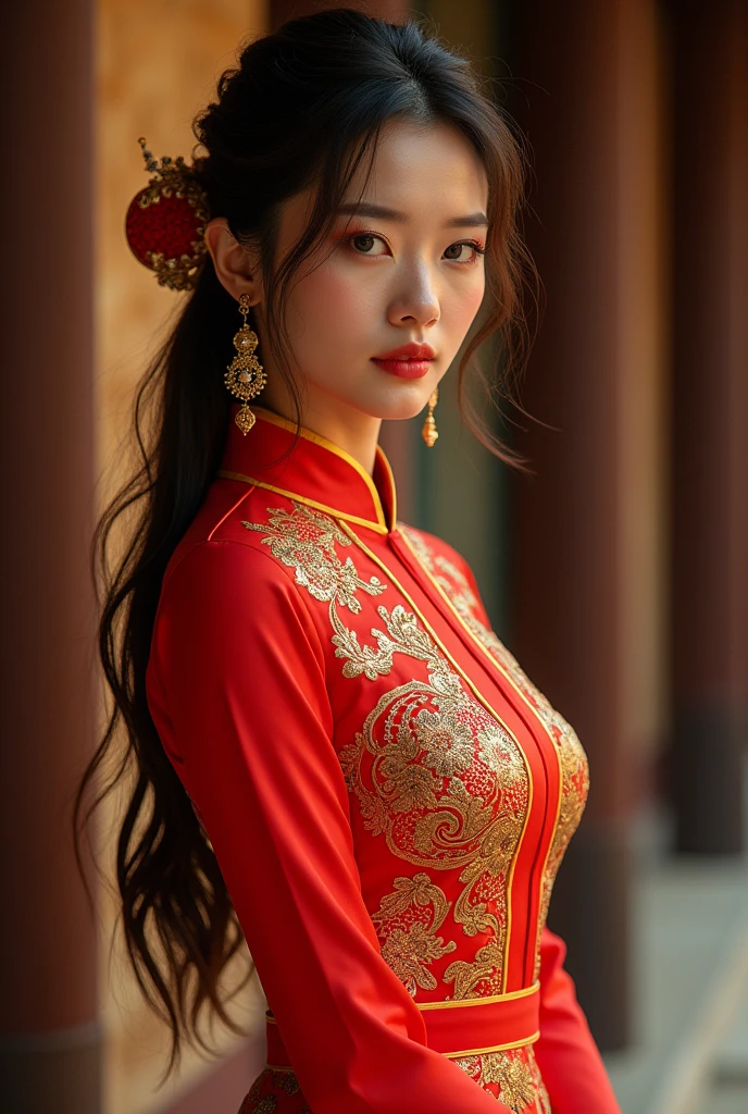 Create a long-sleeved oriental shirt, red in color, with beautiful details, bright yellow and gold