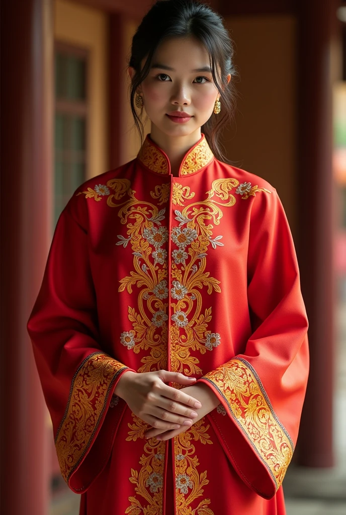 Create a long-sleeved oriental shirt, red in color, with beautiful details, bright yellow and gold