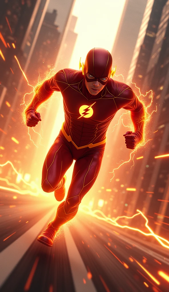 a close up of a flash running through the street with a city in the background, a picture by Gavin Nolan, trending on Artstation, process art, the flash, flash image, textless, flash photography 4 k hdr, steve harvey as the flash, flash lighting, flashes, speedster, flashy flash elegant, flash enabled, amazing wallpaper, wojtek fus