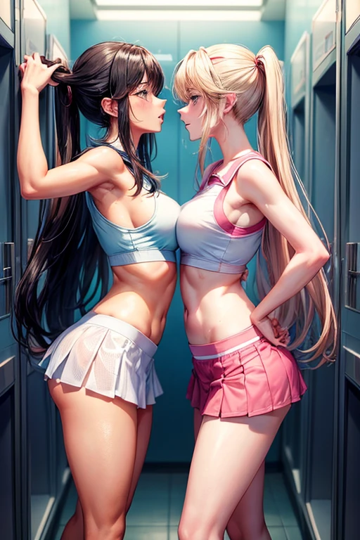 Draw Suzy and Samantha, two sexy 20 year old characters in anime style. Dressed in tennis uniform . Tennis outfit with short pink mini skirt and white crop top. (Long black hair down to the waist, lightbrown eyes, breasts small, slim and sexy body, big-ass). (Another blonde character with waist-length hair, blue colored eyes, breasts small, Waist slender, big-ass e coxas sexy). The two characters enter the university locker room and begin to kiss and take off their clothes., They're very excited. Hot and wet kiss holding each other&#39;s breasts. Lesbian kissing scene mouth to mouth and lots of saliva and lesbian sex. Intense kiss and lots of nudity.