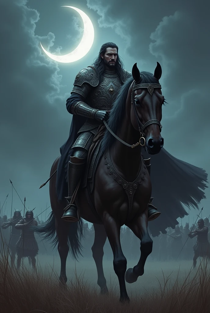 A dark prince on a horse is fighting archers in a field in the night