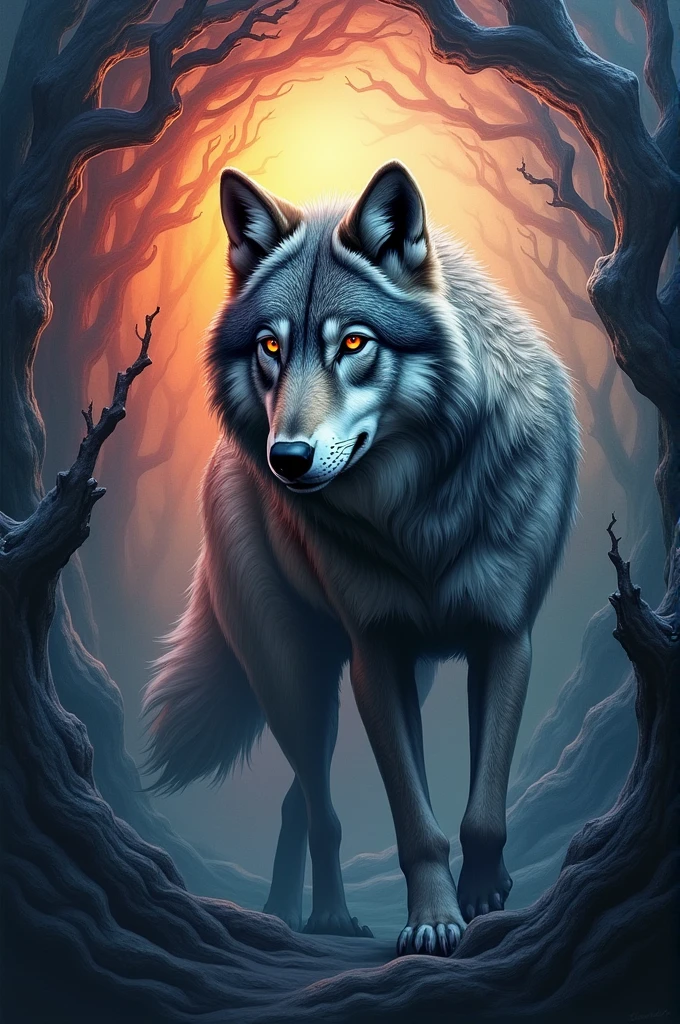 Wolf, abstract curled acrylic background, perfect