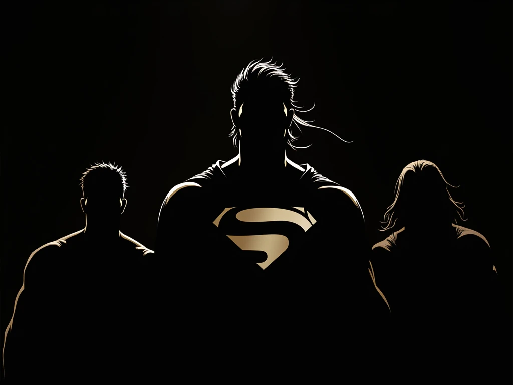 male characters, dark, looking forward, just silhouette, hair like Superman, no mask.